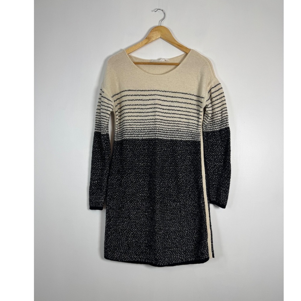 Minimalist Athleta Womens Medium Sweater Dress Black Cream Merino Wool Striped